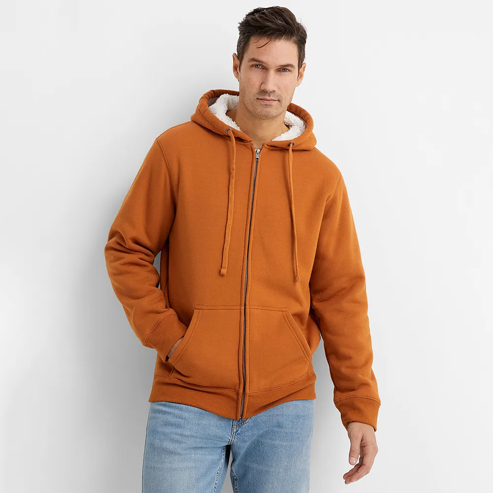 Groothandel Hoge Kwaliteit Winter Custom Sherpa Gevoerd Zwaargewicht Hoodie Full Zip Up Mannen Plain Custom Logo Binnen Fur Hoodies