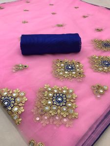 Sarees ชุดตาข่ายสำหรับสาวออกแบบหนัก,ชุดปาร์ตี้ผ้าบางปักลายด้วยเซรามิก Moti Work Saree และเสื้อหลายตัว - Product Image 5