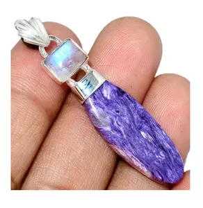 시베리아 Charoite _ 무지개 Moonstone 원래 보석 펜던트 고품질 실버