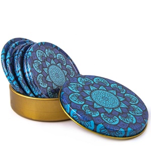 BLUE - TURQUOISE MANDALA DESIGNED AND BOXED SIX METAL TEA COASTER - <b>MAT</b> FROM TURKEY - Product Image 2