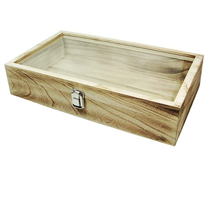 Natural large washed wood hot sale creative jewelry container tempered glass top cover metal clip jewelry display box