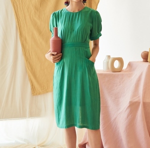 Green O-Neck Short Sleeve Knee-Length Linen <b>Dress</b> with <b>Pockets</b> Casual Loose Fit Formal Solid Summer Wear - Product Image 1