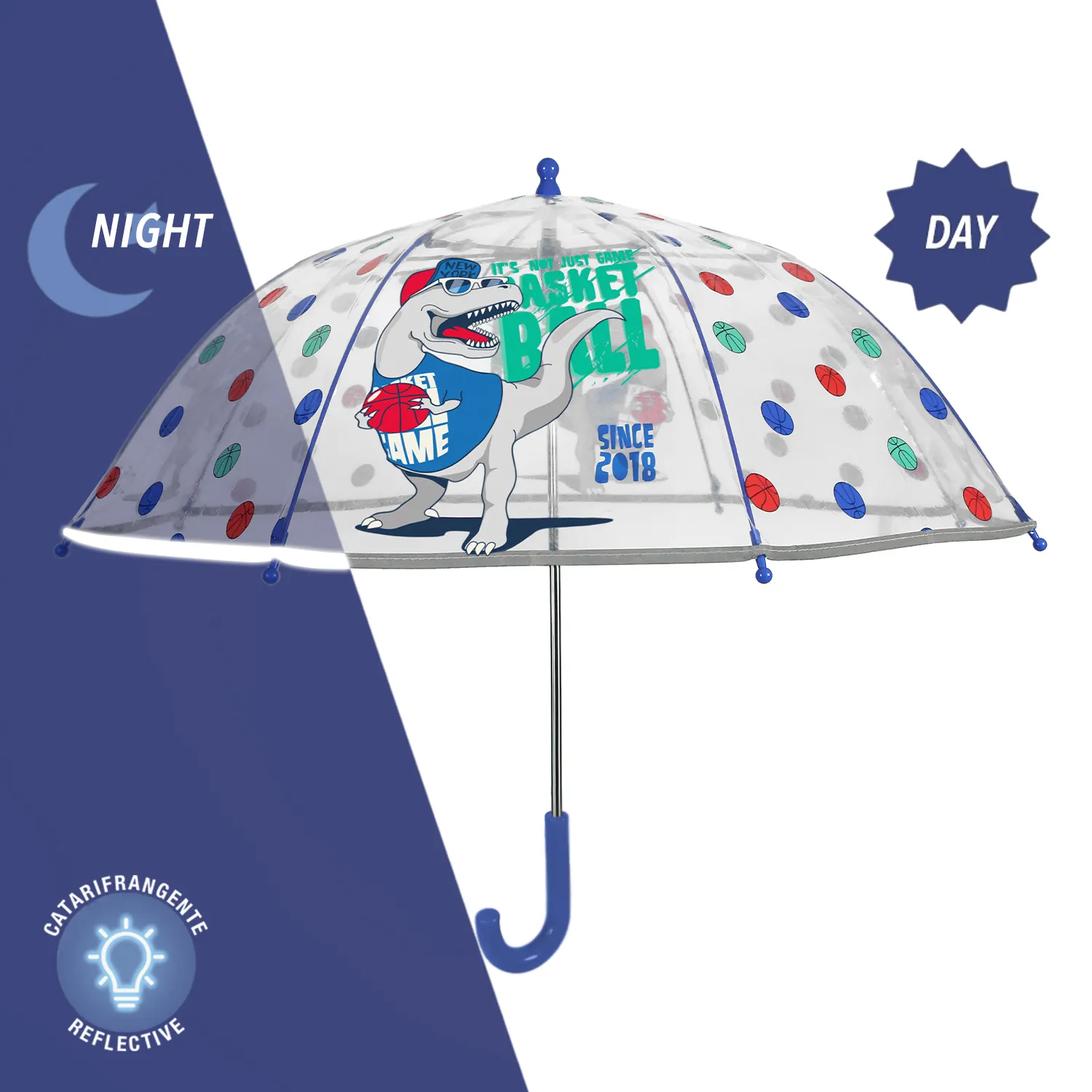 T-Rex Umbrella with Blue Green Basket Balls Long Stick Reflective Windproof Umbrellas Dinosaur Kids Dome Transparent Umbrella