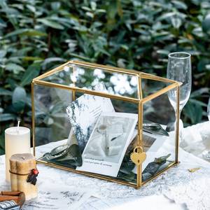 Standard & Large Geometric <b>Glass</b> Card <b>Box</b> Terrarium with Slot, Heart Lock, Foot,Gold Handmade Brass for Wedding Receiption Wishw - Product Image 1