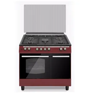 90Cm Avangard 5 Gas Brander Geëmailleerd Grids Black Top Tafel Dark Red Body Glas Cover Vrijstaande Oven Met gas Fles Opslag