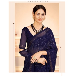 Sari In à paillettes de styliste, en Georgette, tissu bordé avec toutes les broderie, sarre de travail avec blouse assortie de contrastée - Product Image 1