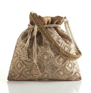 Beautiful Ostrich Pattern White Work Latcan Stylish Zari Embroidery on Silk Fabric 2022 Party and <b>Wedding</b> Potli Bag - Product Image 1