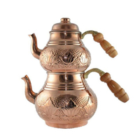 Théière double en cuivre traditionnelle turque ottomane anatolienne marocaine orientale avec poignée en bois et couvercle métallique, capacité 3,0 L, style arabe vintage