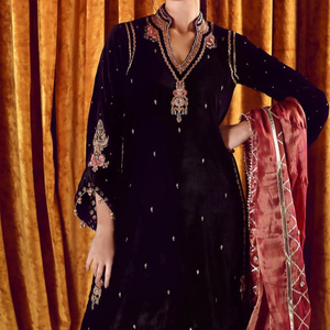 NEW BEAUTIFUL EMBROIDERY ON BEAUTIFUL VELVET KAMEEZ, <b>PANT</b> DRESS--for Party-WEAR & WEDDING @ 2021 - Product Image 1