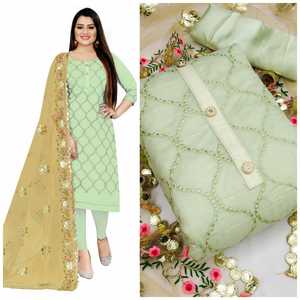 ชุดปาร์ตี้ปักลายผ้าฝ้าย Chanderi สำหรับผู้หญิง,ชุดแนวชูริสเตอร์ปักด้วยตาข่าย Dupatta ในงานออกแบบโดย Royal Export - Product Image 6