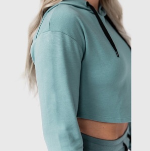 Wholesale women 95% cotton 5% spandex gym wear custom slim fit crop top hoodie & <b>yoga</b> <b>pants</b> two piece set - Product Image 3
