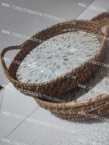 Juego de 2 Bandejas de Ratán con Perlas, Bandeja Redonda de Bambú de Tamaño Personalizado para Servir en Casa, Hoteles y Restaurantes, Material de Madera, Mármol y Hueso - Product Image 4