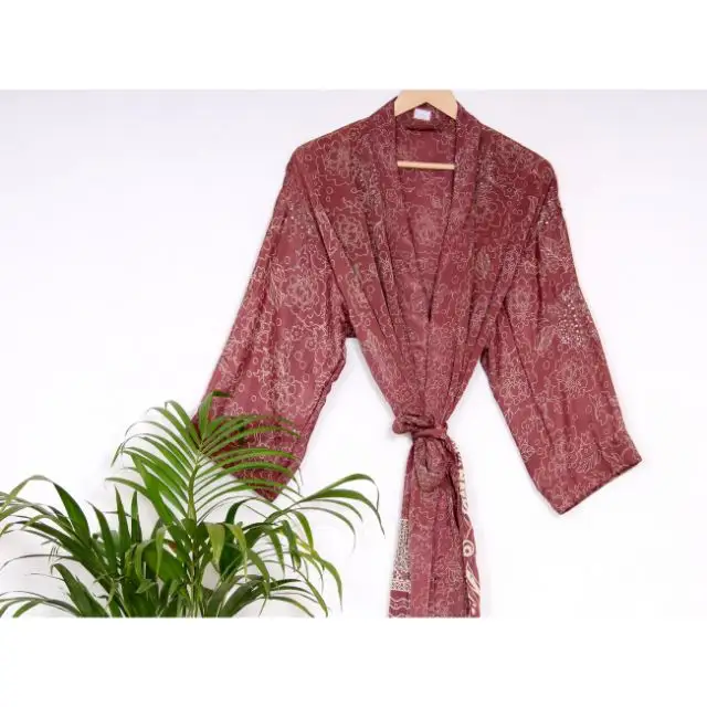 Sari kimono maxi indiano clássico, robe de seda reciclado vintage, vestido kimono maxi de seda, casaco feminino