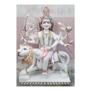 Estatua de mármol blanco pulido, diosa Durga Maa sentado sobre León - Product Image 1