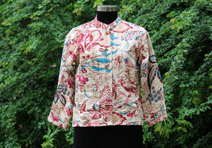 Handmade Reversible Boho Kantha Winter Finished <b>Short</b> Stand Collar Woven Cotton <b>Jacket</b> with Embroidery Decoration - Product Image 3