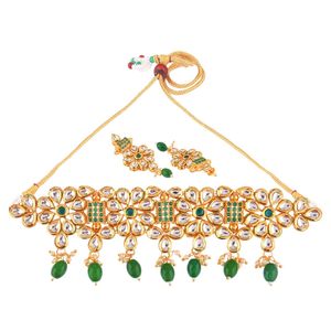 Indian <b>Jewelry</b> Set for Women Gold Plated Kundan Floral Choker Necklace Dangle Earrings Set, Green - Product Image 5