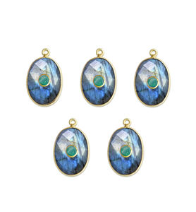 Labradorite and Emerald Double Gemstone Charms Pendants - 8x12mm Oval Gold Vermeil Bezel Set Gemstone Pendant - Product Image 1