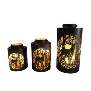 <b>Black</b> Round Iron Metal Reindeer Design Cylindrical <b>Candle</b> <b>Pillar</b> <b>Holder</b> Set of Three for Party and Wedding Table Decoration - Product Image 1