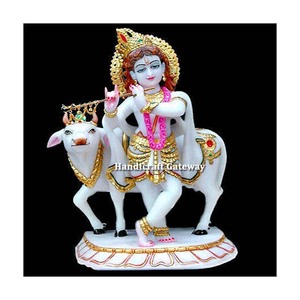 White Marble Lord Krishna with Cow Statue - Product Image 1