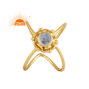 Anillo de piedra lunar de arcoíris Natural para mujer, joyería de piedras preciosas, venta al por mayor, Sortija de plata chapada en oro - Product Image 1