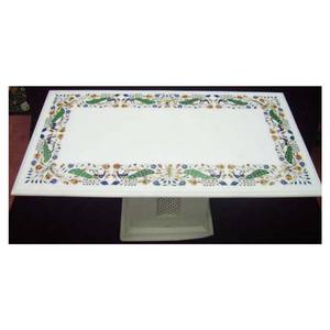 White Marble Peacock Inlay <b>Work</b> <b>Table</b> - Product Image 1