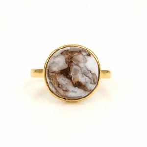Latest Design 12mm Round Natural White Calcite Copper Gemstone Jewelry Sterling Silver High Polished Gold Plated Ring For Wome