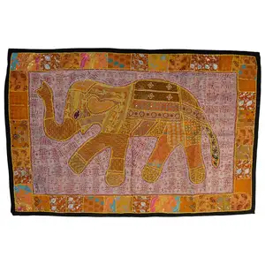 Multi Color Designer Geborduurde Zari Wall Art Katoen 100% Olifant Patch Werk Muur Opknoping Indische Tapestry