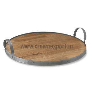 Plateau rond en bois de manguier personnalisable avec poignées en fer Plateaux de service inspirés de l'hôtel et de la maison Petit-déjeuner Boissons inspirées de l'Inde - Product Image 1