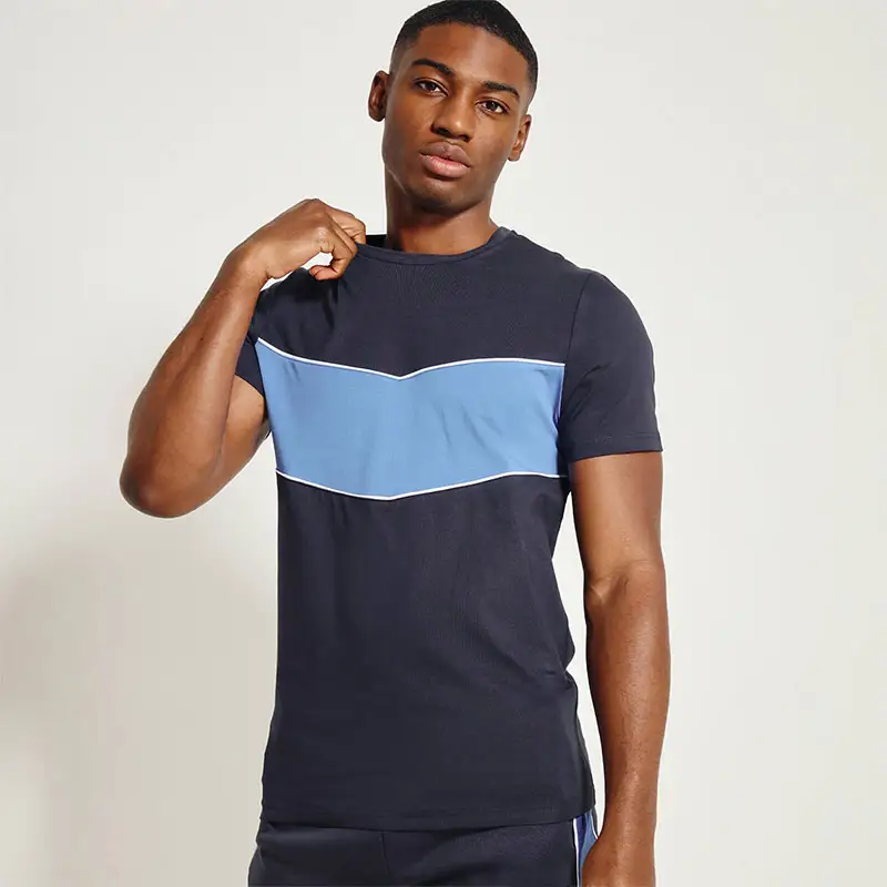 Men's Colour Block Piped T-Shirt Navy/Skydiver Blue/White Mens Premium Ringspun cotton t shirts Short Sleeve T-Shirt