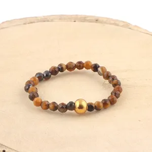 Zeva Jewels ring 2-3mm roundel faceted natural tiger eye gemstone beads with gold plated ball elastic ring gift for woman
