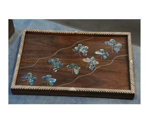 Plateau de service en bois d'acacia brun et blanc de style arabe, cadeau de Ramadan et de l'Aïd, incrustation de nacre, ensemble de trois pièces, taille personnalisable - Product Image 5