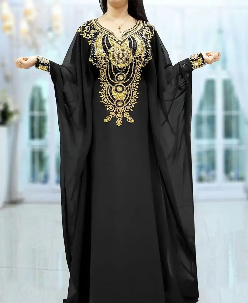 Stein Diamant Arbeit Perlen Kaftan Abaya-Schwarz Perlen Abaya Kaftan-Afrikanische Damen Perlen Kaftan-Schmetterling Dubai