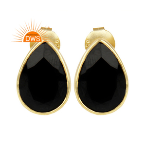 Pear Shape Black <b>Onyx</b> <b>Earrings</b> Gemstone Jewelry Yellow Gold Plated Silver Flat Back Stud <b>Earrings</b> Supplier - Product Image 1