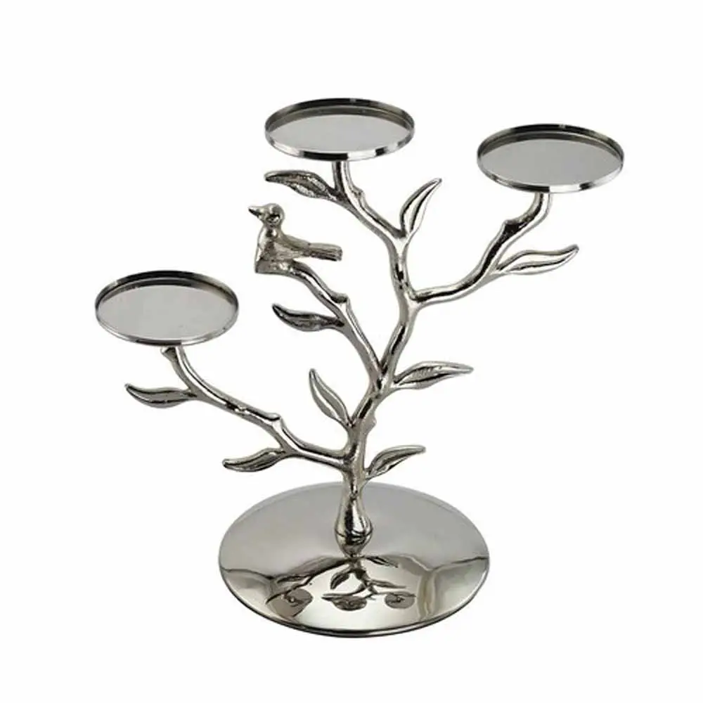 Luxury Silver Branches Candle Pillar holder with Bird Sitting on Branch