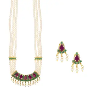 Indian Gold Plated Jewelry Crystal Faux Pearl Beaded Strand Necklace Earrings Set Indian Bridal Jewellery Supplier, Multicolor