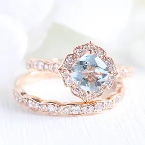 Custom Wedding Jewelry Mini Vintage Floral Bridal Set 7*7mm Cushion Cut Aquamarine Diamond Ring