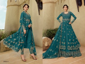 Papriko Setelan Rok & Celana Anarkali, Rok & Celana Bordir, Banglori Jaring Lembut, Bawahan Satin dengan Sepatu Renda Samping - Product Image 5