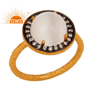 Bague en pierre de lune blanche sertie de griffes, bijoux en pierres précieuses CZ, argent plaqué or 22 carats 925, bague de cocktail, fabricant - Product Image 1