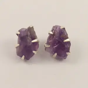 生粗糙水晶紫水晶耳环手工宝石紫水晶耳环耳钉批发女性首饰