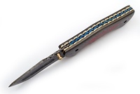 Couteau pliant de camping en acier Damas de haute qualité, marque SJ, modèle SJ-FLDN-18, épaisseur de lame 0,45 mm, étui en cuir OEM, vente en gros