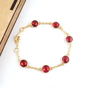 New design customized 8mm round faceted red quartz link cable chain lobster clasp gold/silver plated adjustable ladies bracelet