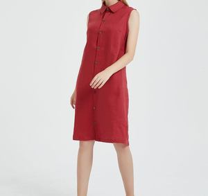 เดรสแฟชั่นใหม่มาแรง ผ้าลินิน 100% สีแดงเลือดหมู คอปก แขนกุด ทรงเอ ความยาวมินิ แต่งพู่ปักลาย สำหรับผู้หญิง - Product Image 3