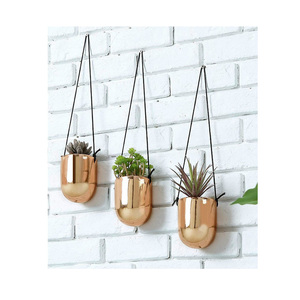 Maceta colgante de forma ovalada de Metal personalizada chapada en oro para decoración interior - Product Image 1