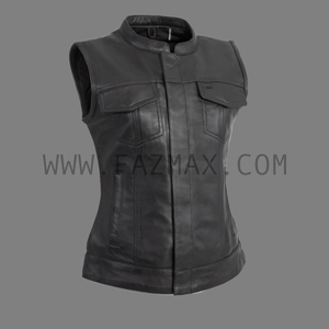 Chaleco motorista de talla grande para mujer Chaleco de cuero de vaca en negro - Product Image 5