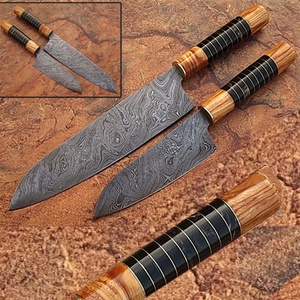 2-<b>Pc</b> Damascus Steel Chef Knife <b>Set</b> With Carbon Steel Blade and Buffalo Horn Handle for Kitchen Use Kitchenware - Product Image 1