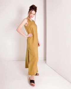 Vestido Maxi Dorado sin Mangas con Cuello Redondo y Bolsillos, 100% Lino, Corte Holgado, Estilo Formal de Verano, con Bordado de Borlas - Product Image 2
