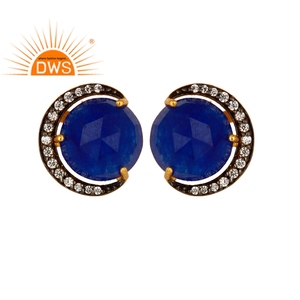 White Zirconia <b>Blue</b> Aventurine Gemstone <b>Stud</b> <b>Earring</b> Jewelry Supplier 925 Silver <b>Earring</b> Jewelry Manufacturer - Product Image 1