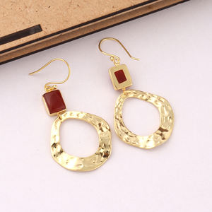 Bijoux de mode fins, boucles d'oreilles en cornaline naturelle avec breloque martelée, pendants suspendus, plaqué or, crochet goutte, bijoux - Product Image 5