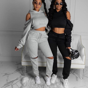 ชุดเสื้อฮู้ดแขนยาวสำหรับผู้หญิง,ชุดเสื้อครอปท็อปพร้อมกระเป๋าจิงโจ้และกางเกงวิ่ง2ชิ้น - Product Image 3