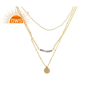 Natural Labradorite Gemstone Brass Gold Triple Chain Statement Necklace Jewelry Wholesaler